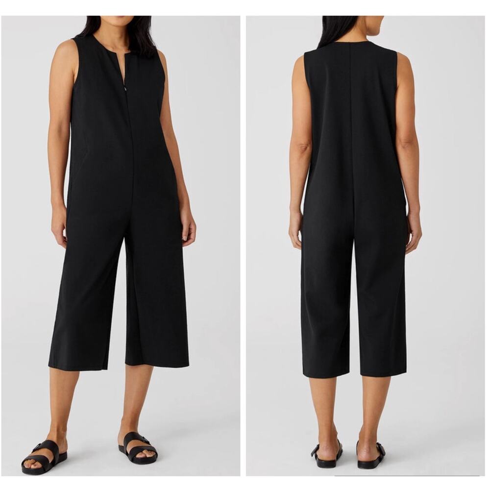 NEW Eileen Fisher Washable Ponte V-Neck Cropped Wide Leg Jumpsuit Black Size XXS